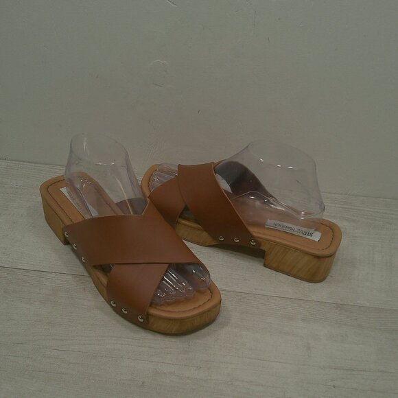 Steve Madden Reto Style Leather Bryna Crisscross Wooden Platform Sandals Size 10 - Picture 3 of 14